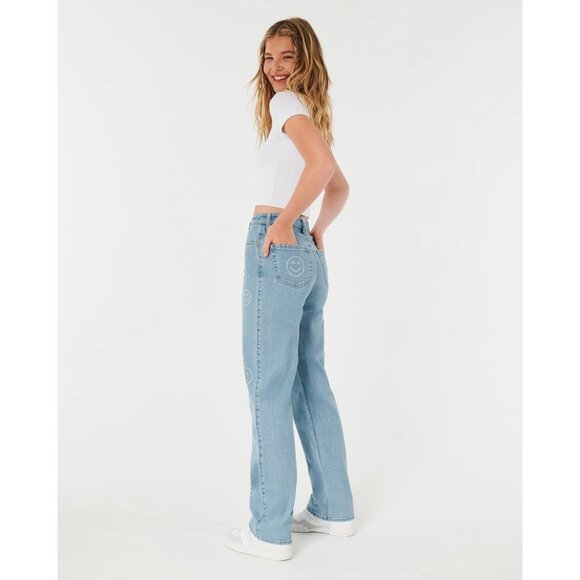 Hollister Sz. 25 New Ultra High-Rise Medium Wash Smiley Print Dad Jeans - Picture 3 of 16